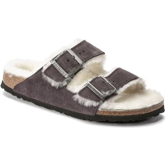 Birkenstock Women's Arizona Shearling Suede Sandals Stormy Gray Sz 36, NEW - Picture 1 of 5